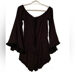 DeeDee Off The Shoulder Black Romper Size Medium Tassels and Fringe Bell Sleeves